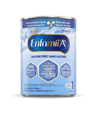 Enfamil A+ Lactose free Concentrate can, blue packaging, 385mL.