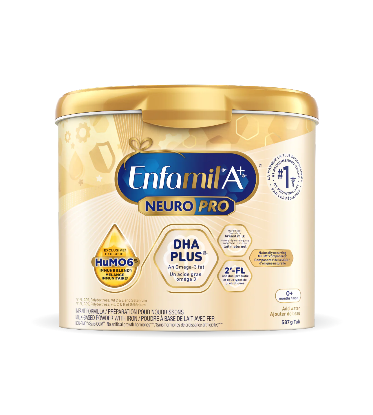 Enfamil A+NeuroPro powder tub, yellow tub, yellow  plastic lid, 587g.