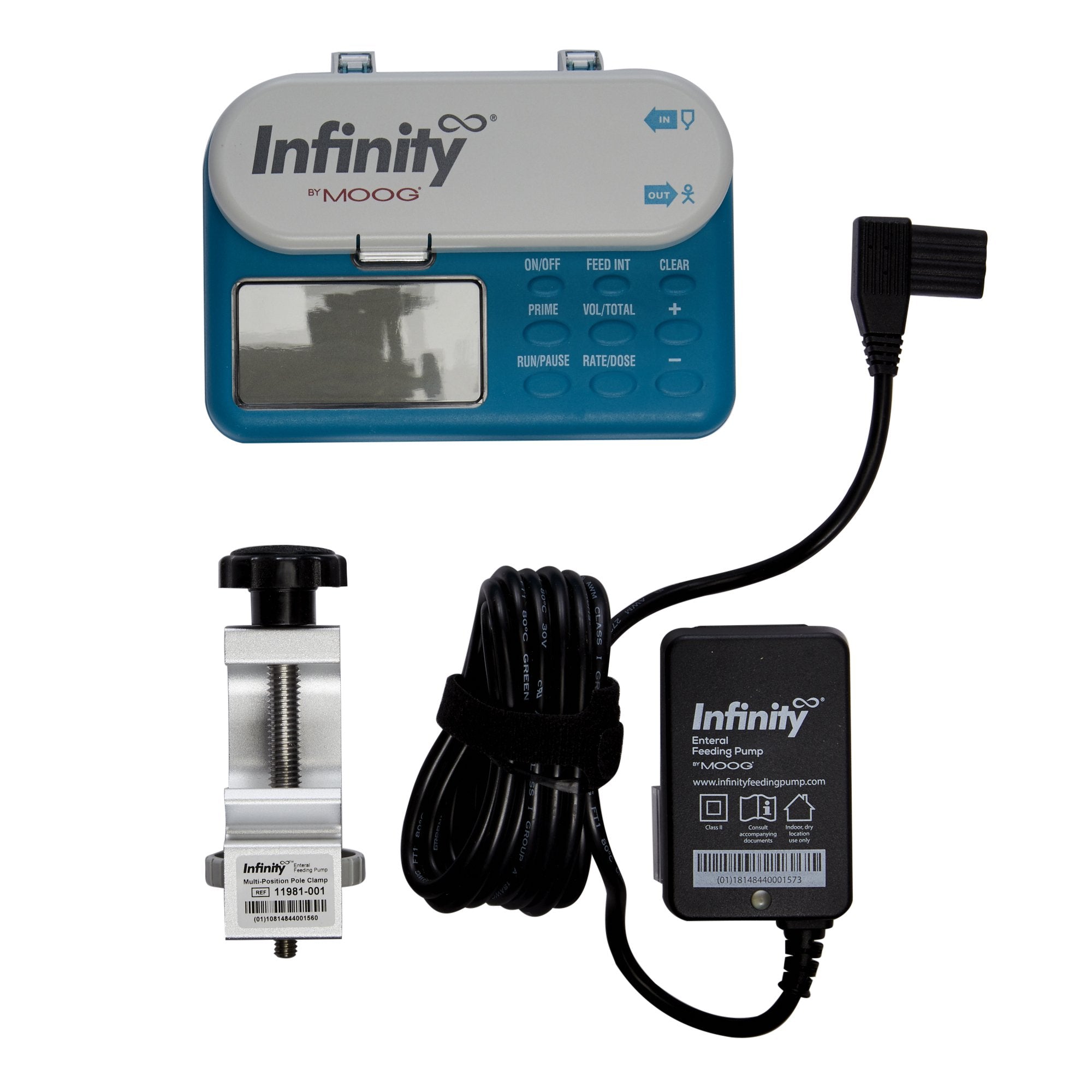 Blue Zevex infinity pump with its pole clamp and adapter/charger.