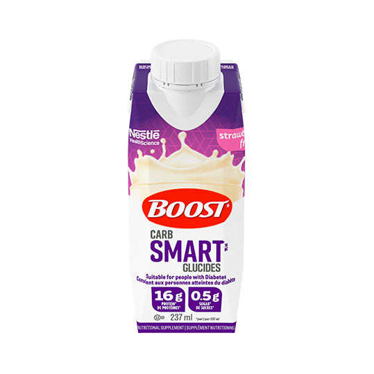 237 ml tetra of Boost CarbSmart Vanilla with purple label.