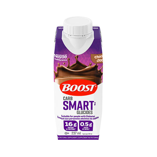 237 ml tetra of Boost CarbSmart Chocolate with purple label.