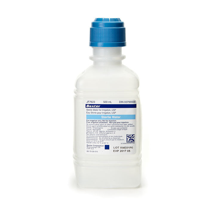 Clear Baxter 500mL bottle, with blue and white label.