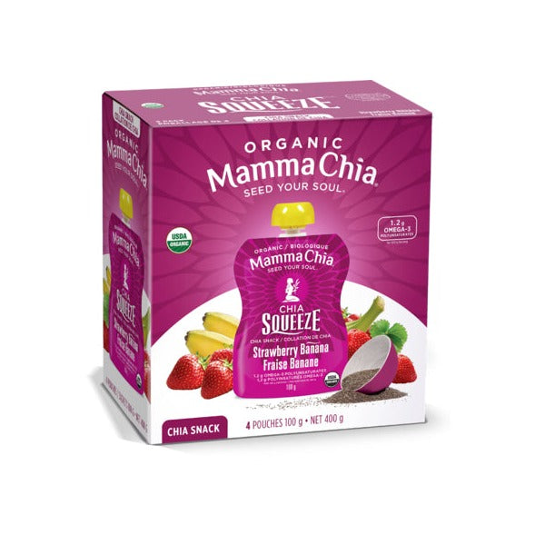 Mamma Chia Strawberry banana, pink box, 4 pouches, 99g each.