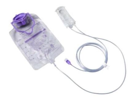 Purple and clear 500mL feeding bag with clear cartridge ENFIT end. 