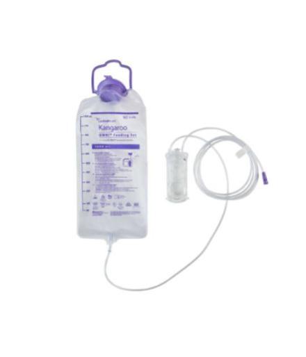 Purple and clear 1000mL feeding bag with clear cartridge ENFIT end. 