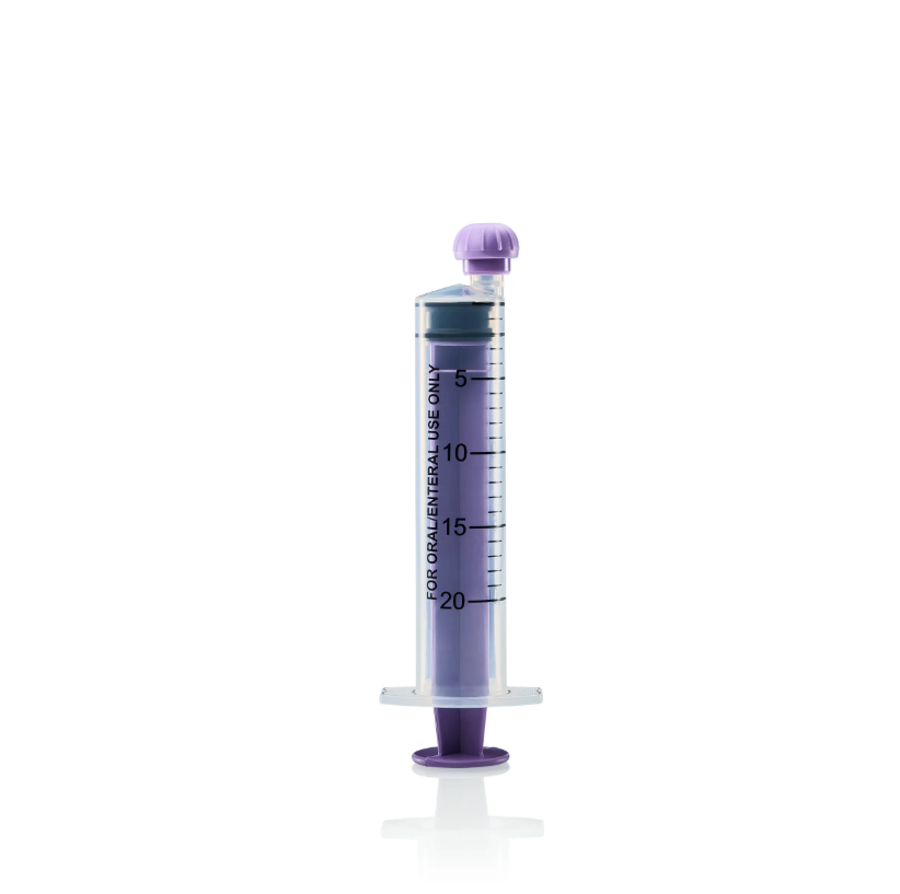 Purple syringe with purple cap.