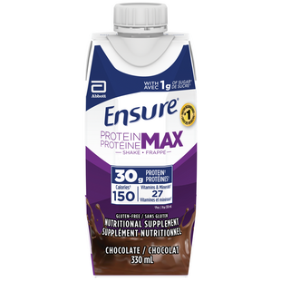 Ensure Protein Max Chocolate, 330mL per bottle, resealable cap, purple and white packaging.