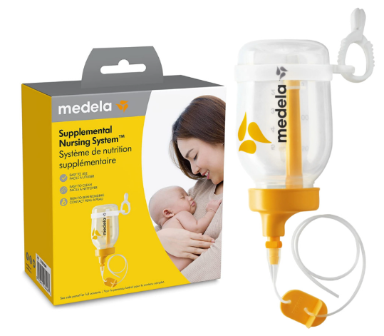 Medela Supplemental Nursing System, clear bottle with yellow attachment, one clear tube extending out.