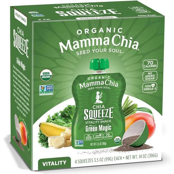 Mamma Chia Green Magic, box of four 99g squeezable pouches.