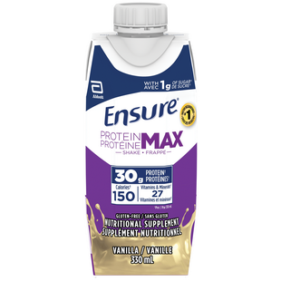 Ensure Protein Max Vanilla, 330mL per bottle, resealable cap, purple and white packaging.